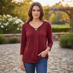 Red Camel Women’s L Cabernet Lace-Up V-Neck Ribbed Knit 3/4 Sleeve Pullover Top